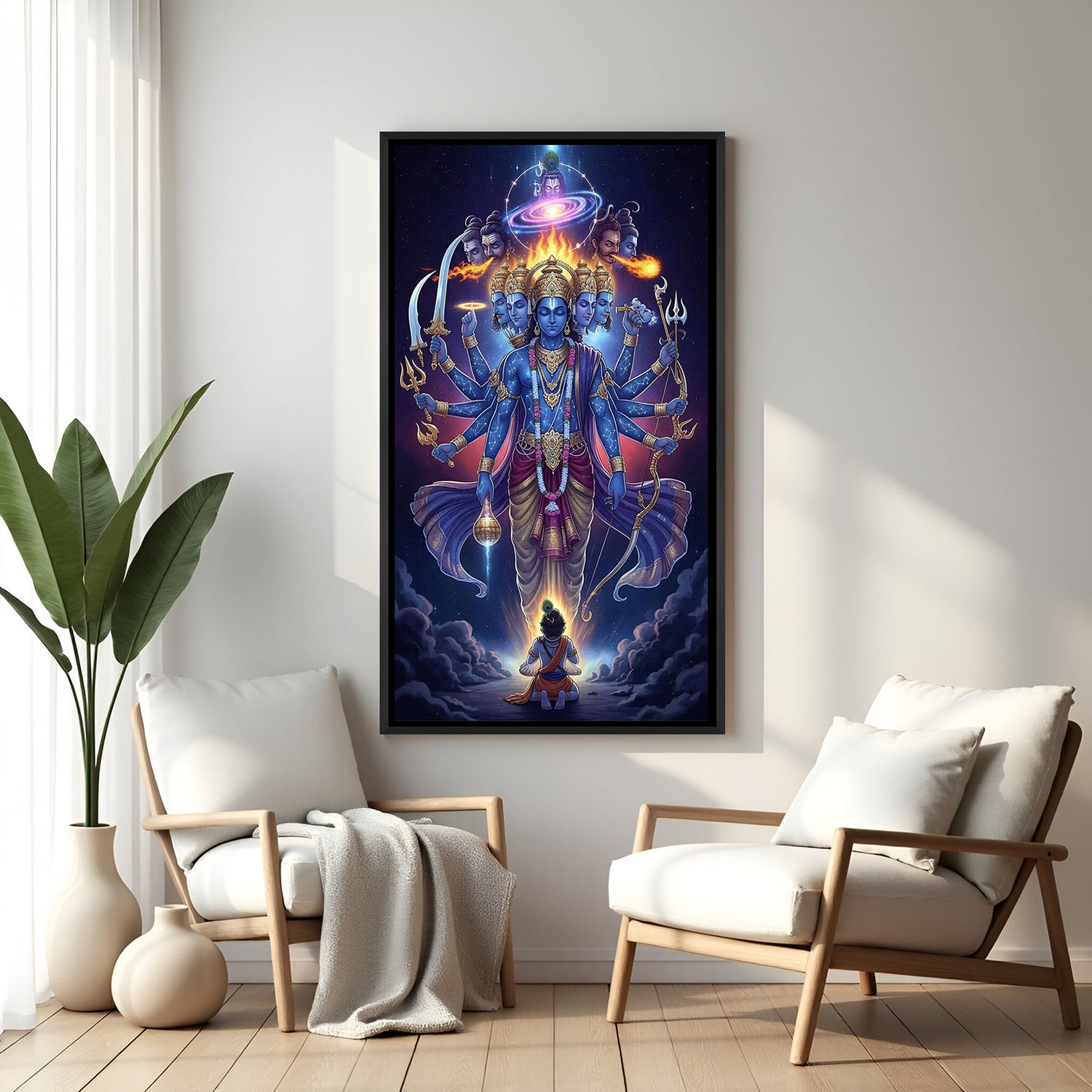 krishna vishwaroop canvas in black floater frame radiating spiritual power devotion and divine guidance for meditation and living room spaces