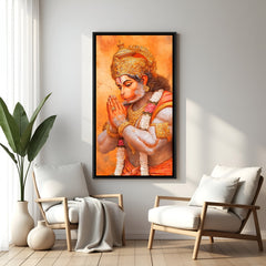 Hanuman Ji side pose wall artwork with devotional hand gesture in modern black floater frame