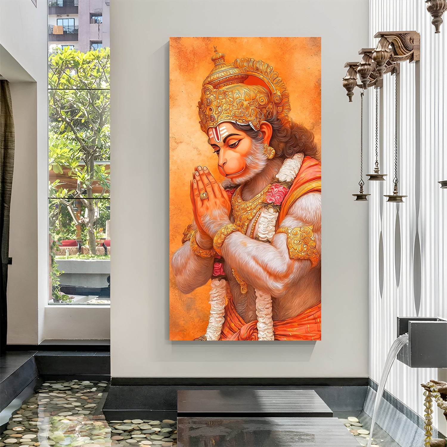 Lord Hanuman side profile canvas artwork with symbolic hand gesture in premium canvas wrapped frame