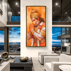 Vow of Devotion Hanuman artwork in luxury golden floater frame featuring side-profile divine portrait