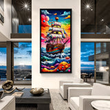 Modern sailing ship artwork in black floater frame with bold rainbow sky and textured ocean waves