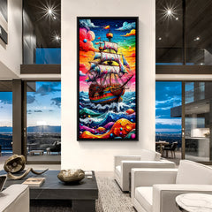Modern sailing ship artwork in black floater frame with bold rainbow sky and textured ocean waves