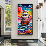 Luxury colorful ship wall art in gold floater frame showcasing vivid sunset tones and dynamic sea movement.