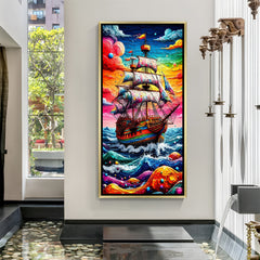 Luxury colorful ship wall art in gold floater frame showcasing vivid sunset tones and dynamic sea movement.