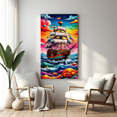 Colorful sailing ship wall art in canvas wrapped frame featuring vibrant ocean waves and dramatic multicolor sky.