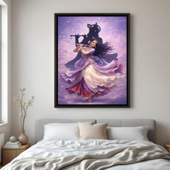 Radha Krishna flute and peacock feather artwork in elegant black floater frame spiritual wall decor
