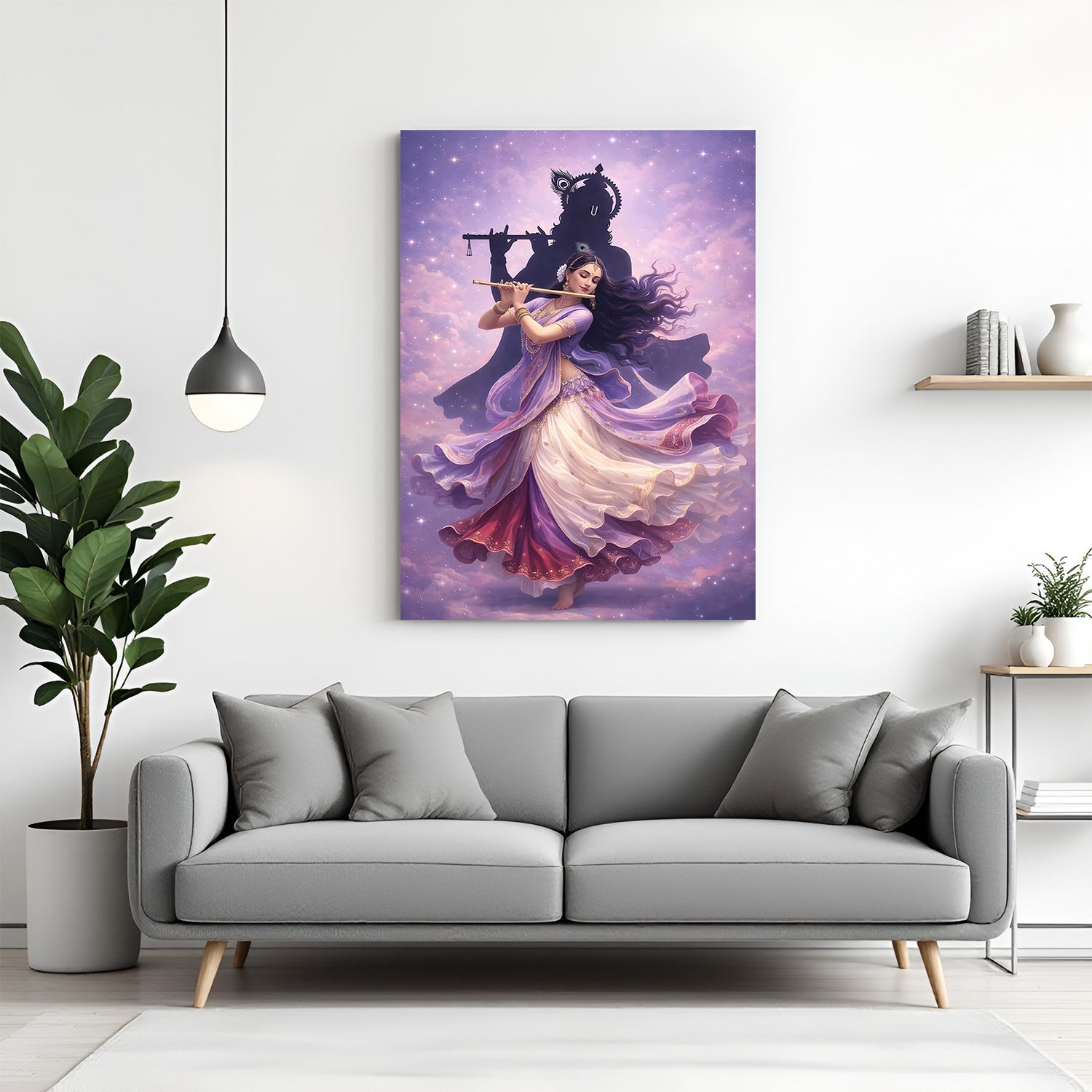 Divine Radha Krishna canvas wall art with flute and peacock feather in premium canvas wrapped frame