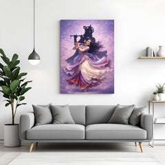 Divine Radha Krishna canvas wall art with flute and peacock feather in premium canvas wrapped frame