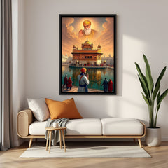 Golden Temple wall art featuring Waheguru in blessing pose above the temple with devotees in elegant black floater frame