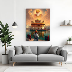 Waheguru blessing devotees above Golden Temple canvas wall art in premium canvas wrapped frame with heavenly clouds