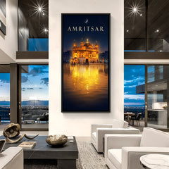 Golden Temple at night with Waheguru text wall art in elegant black floater frame