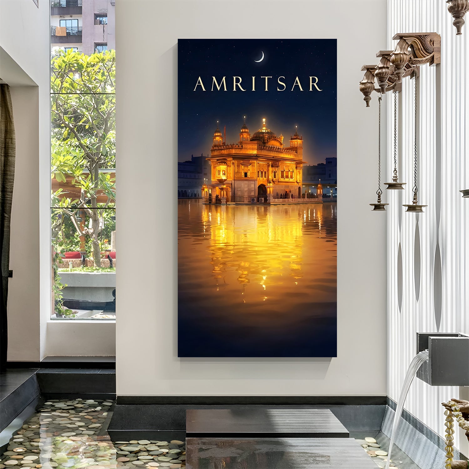 Waheguru Golden Temple night glow canvas wall art in premium canvas wrapped frame with illuminated temple reflections