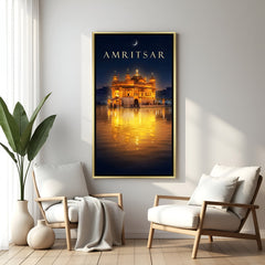 Golden Temple night artwork with Waheguru inscription in luxury golden floater frame