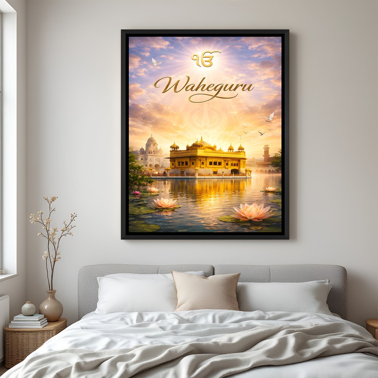 Golden Temple with Waheguru text, lotus flowers, and river artwork in elegant black floater frame