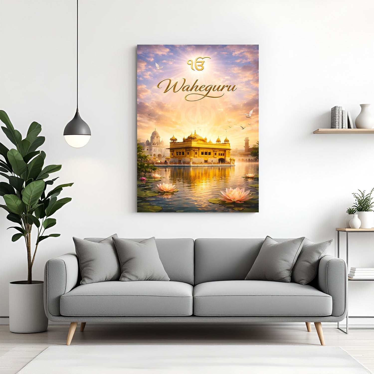 Waheguru Golden Temple canvas wall art with lotus flowers and serene river in premium canvas wrapped frame