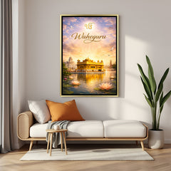 Waheguru Golden Temple artwork with blooming lotus flowers and peaceful river in luxury golden floater frame