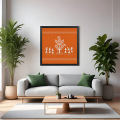 Warli tribal canvas painting in black floater frame for Indian traditional and folk wall art decor