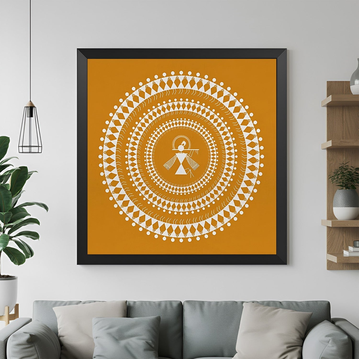 Black floater frame Warli tribal art wall painting for large canvas home and office wall interiors