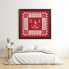 Warli canvas wall art in black floater frame for modern tribal style home and office decoration