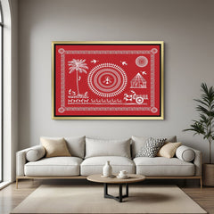 Golden floater Warli canvas art showcasing tribal village scenes for Indian wall decoration
