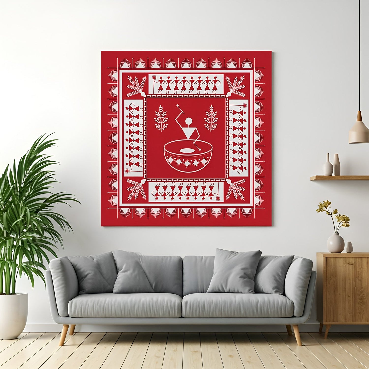Warli canvas wall art featuring tribal Indian motifs for ethnic home and office decor