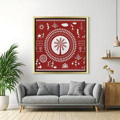 Golden floater frame Warli canvas painting featuring Indian tribal motifs for ethnic and artistic wall decoration