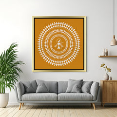 Golden floater frame Warli large canvas art with tribal Indian patterns for stylish interior wall decoration