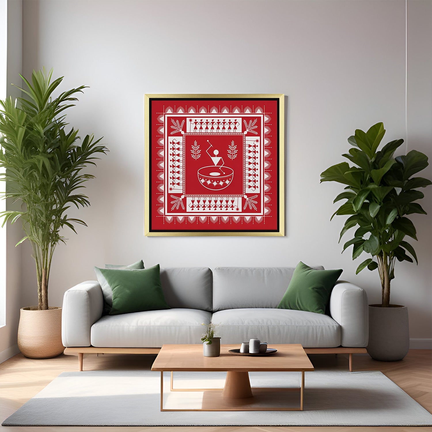Warli canvas wall art in golden floater frame for rich and ethnic interior decoration