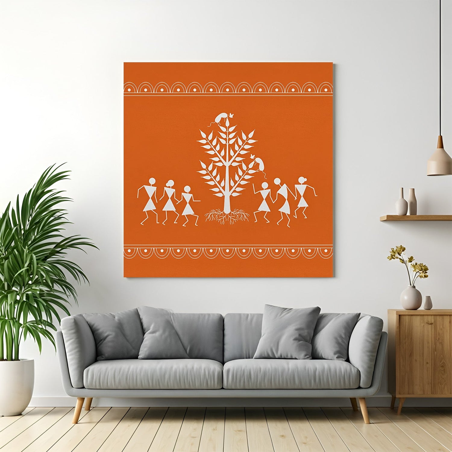 Warli tribal canvas painting with traditional Indian folk motifs for ethnic wall decoration