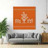 Warli tribal canvas painting with traditional Indian folk motifs for ethnic wall decoration
