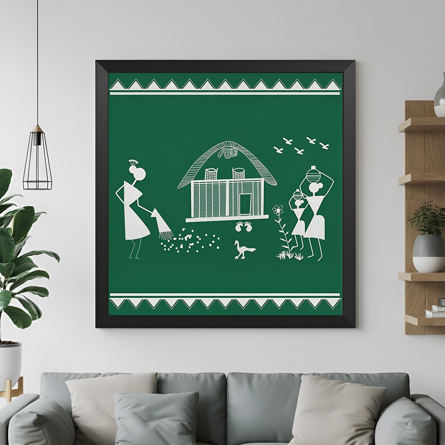 Warli tribal art canvas wall painting with black floater frame for home and office décor