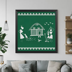 Warli tribal art canvas wall painting with black floater frame for home and office décor