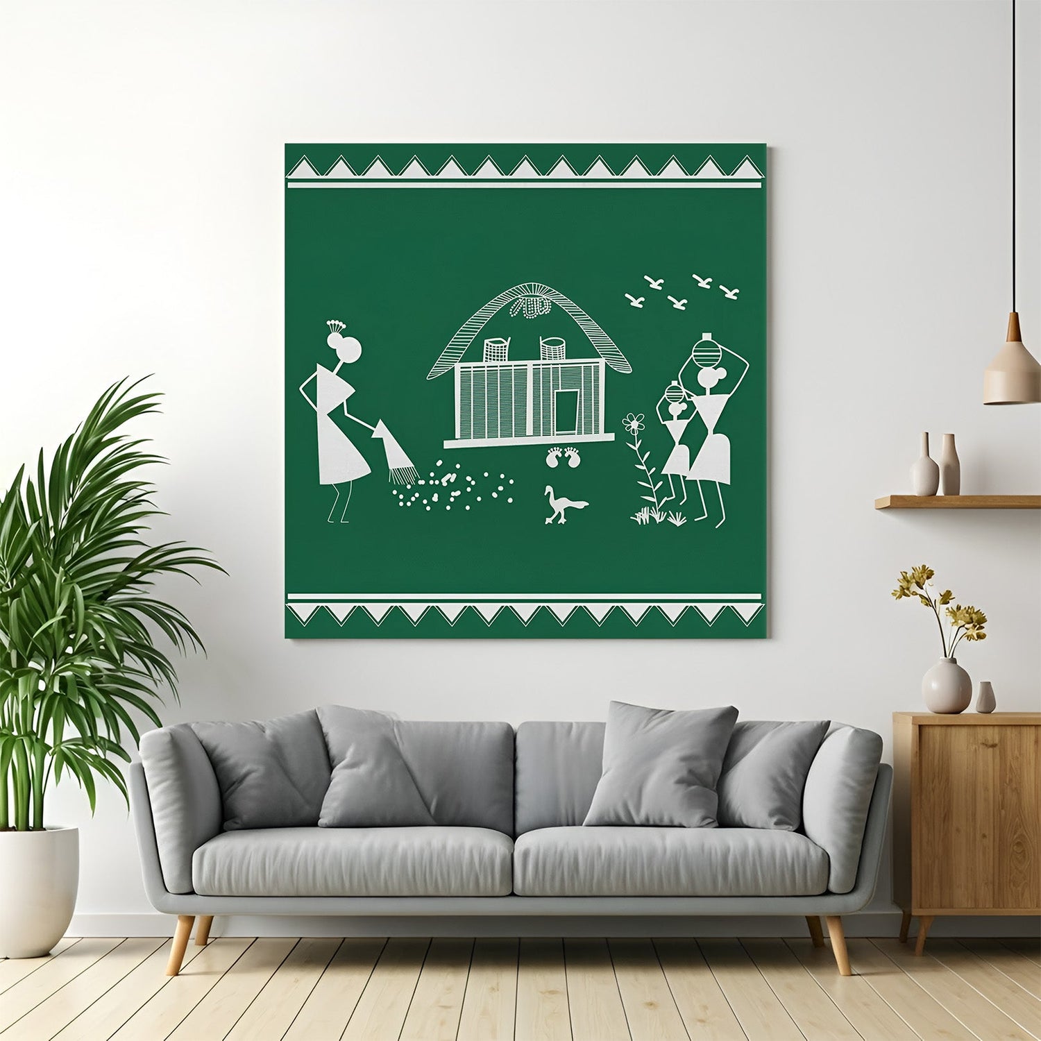 Warli tribal art canvas painting in black floater frame highlighting authentic tribal wall decor