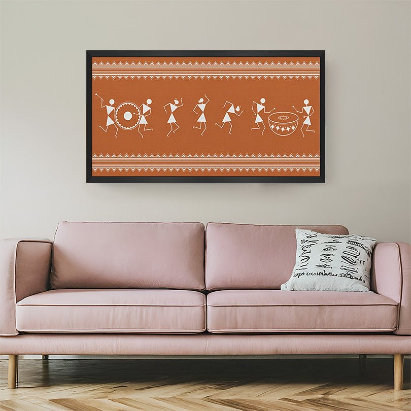 Black frame Warli canvas wall painting – tribal Indian art from Maharashtra for earthy ethnic interiors