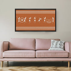 Black frame Warli canvas wall painting – tribal Indian art from Maharashtra for earthy ethnic interiors