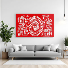Warli tribal canvas painting in minimalist style for Indian home and ethnic wall decor
