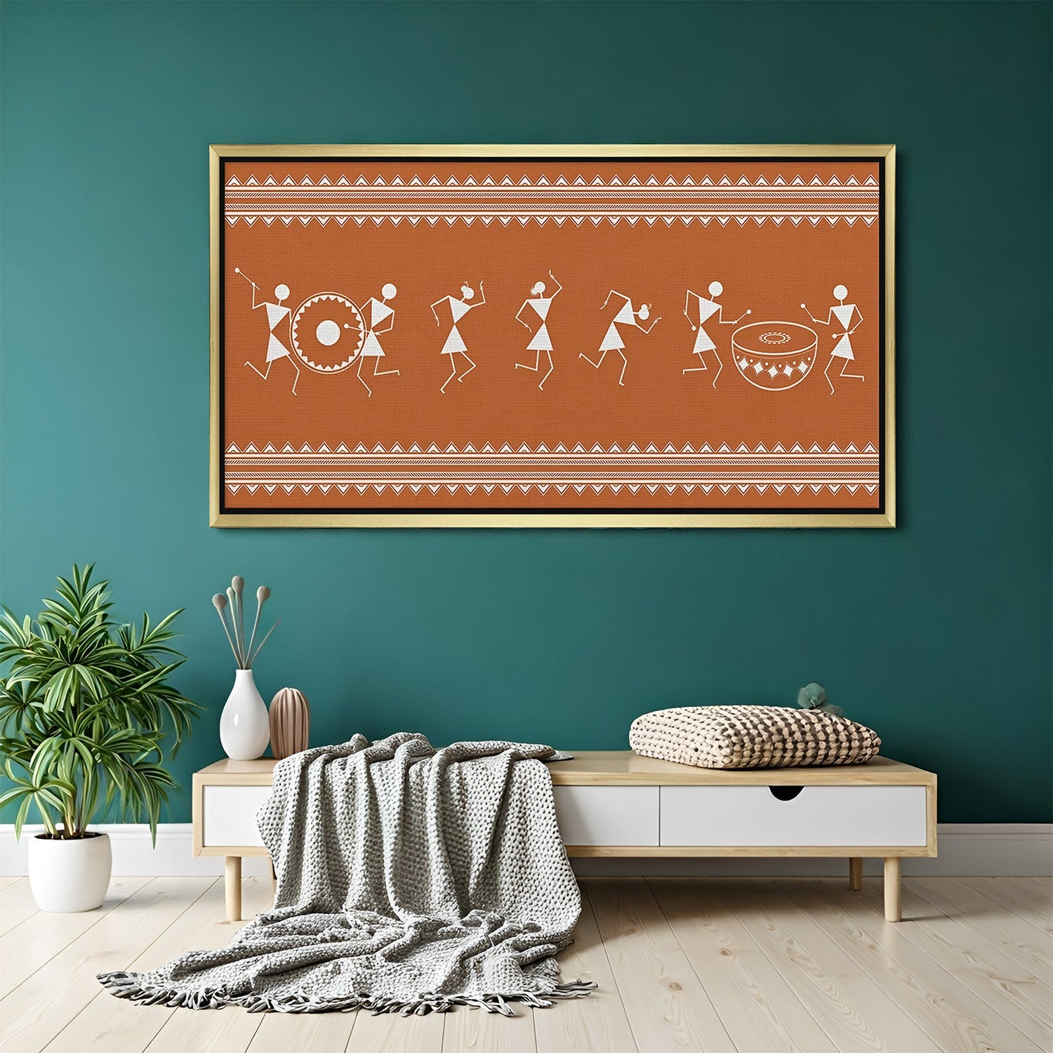 Golden frame Warli canvas art – traditional Indian tribal painting for unique and Vastu-inspired home spaces