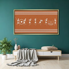 Golden frame Warli canvas art – traditional Indian tribal painting for unique and Vastu-inspired home spaces