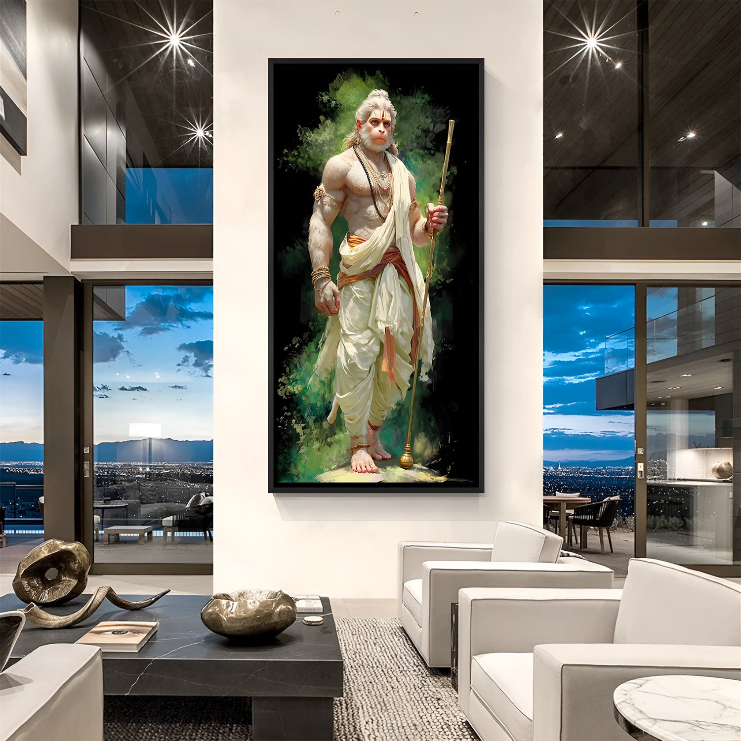 Divine Hanuman Ji standing artwork with gada in elegant black frame.