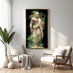Premium Hanuman Ji warrior wall art in golden frame with dramatic background.