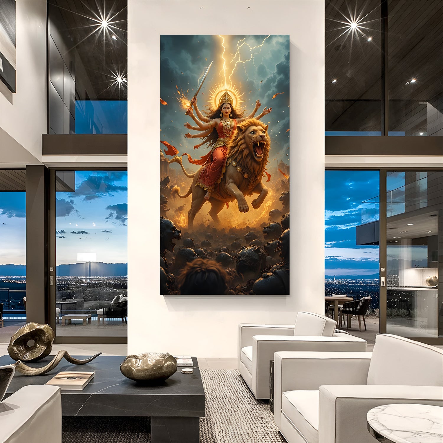 Warrior Sherawali Maa riding roaring lion with lightning background spiritual canvas wall art