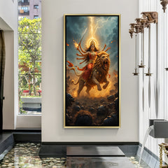 Sherawali Maa luxury spiritual artwork in golden floater frame with dramatic battlefield scene