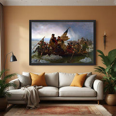 Black-framed canvas of Washington’s river crossing—vintage wall decor with patriotic and historic theme