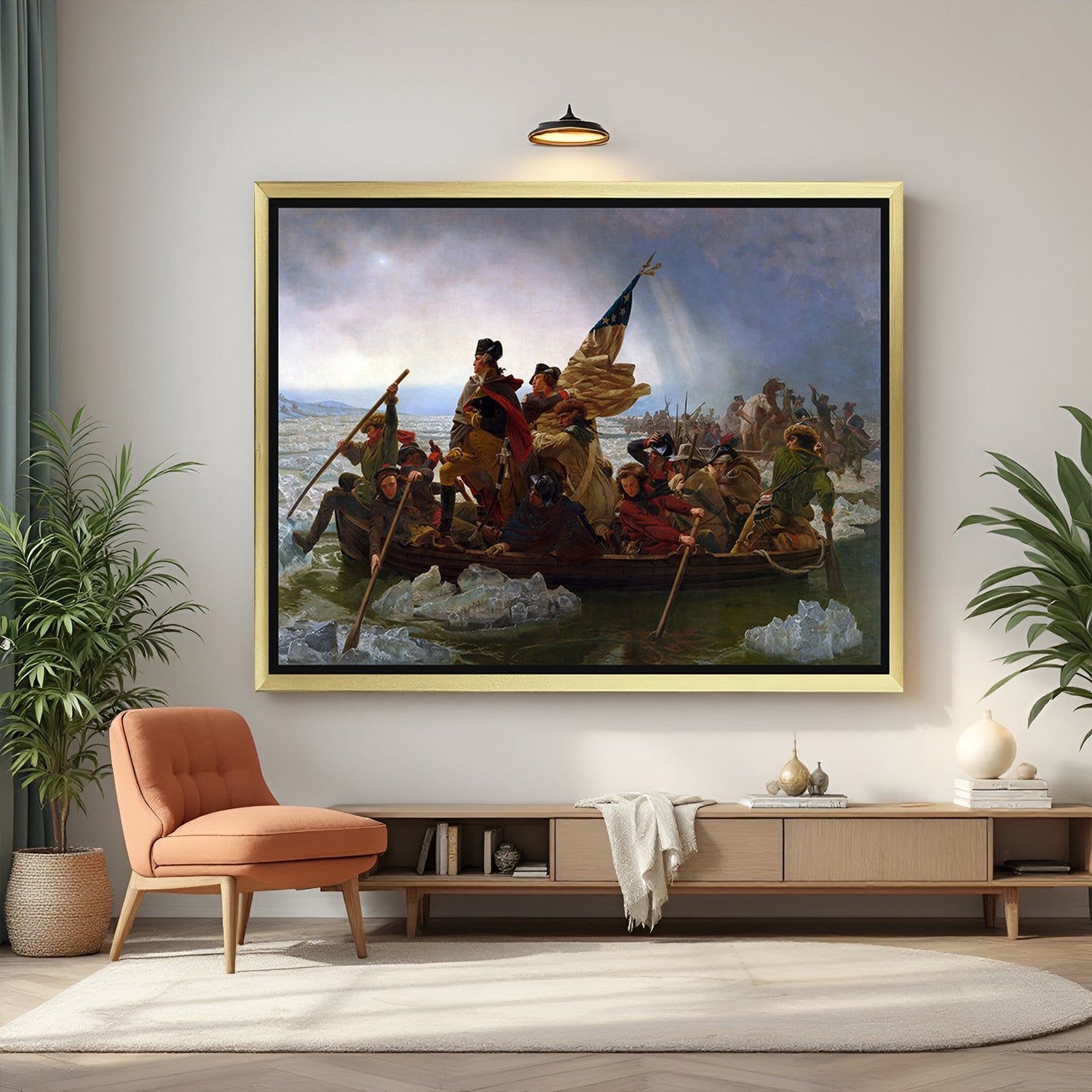 Golden-framed classic wall painting of Washington’s crossing—timeless American decor in aged canvas style
