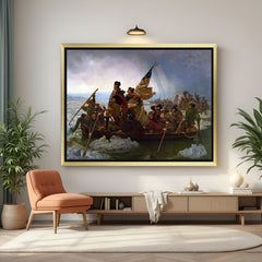 Golden-framed classic wall painting of Washington’s crossing—timeless American decor in aged canvas style