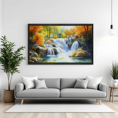 Waterfall canvas painting in black floater frame for modern Vastu home and calm office decor