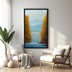 Waterfall hand painting in portrait style with black floater frame – original Vastu canvas artwork with mountains and autumn trees