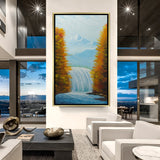 Waterfall hand painted canvas in golden floater frame – spiritual Vastu wall art for prosperity and peace