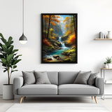 Hand-painted canvas wall art of water flowing in a lush green forest, with trees and nature scenery, in black floater frame, perfect for Vastu and nature-inspired decor
