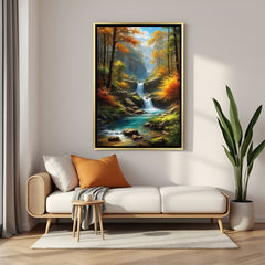 Hand-painted canvas wall art of a serene waterfall flowing in the forest, surrounded by greenery, in golden floater frame, ideal for peaceful and Vastu-friendly home decor